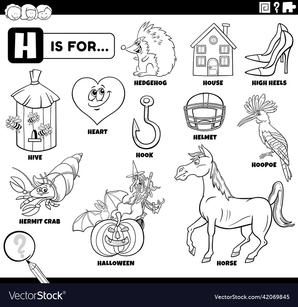 Letter h words educational set coloring book page vector image