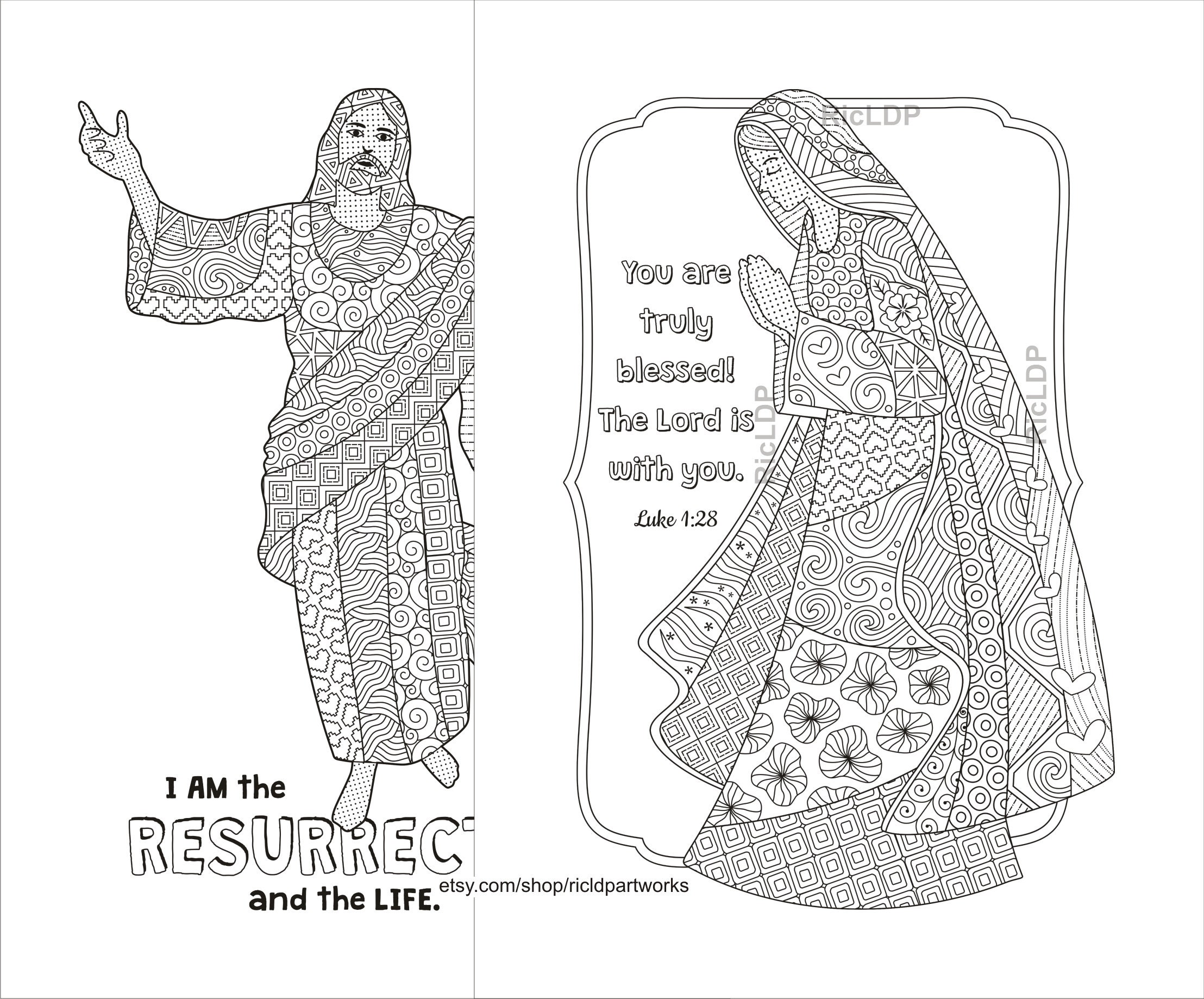 Set of coloring pages with images of mama mary and jesus christian zendoodles blessed mary christ resurrection digital download
