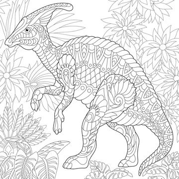 Coloring page of hadrosaur dinosaur of the middle to late cretaceous period freehand sketch drawing for adult antistress coloring book in zentangle style vector