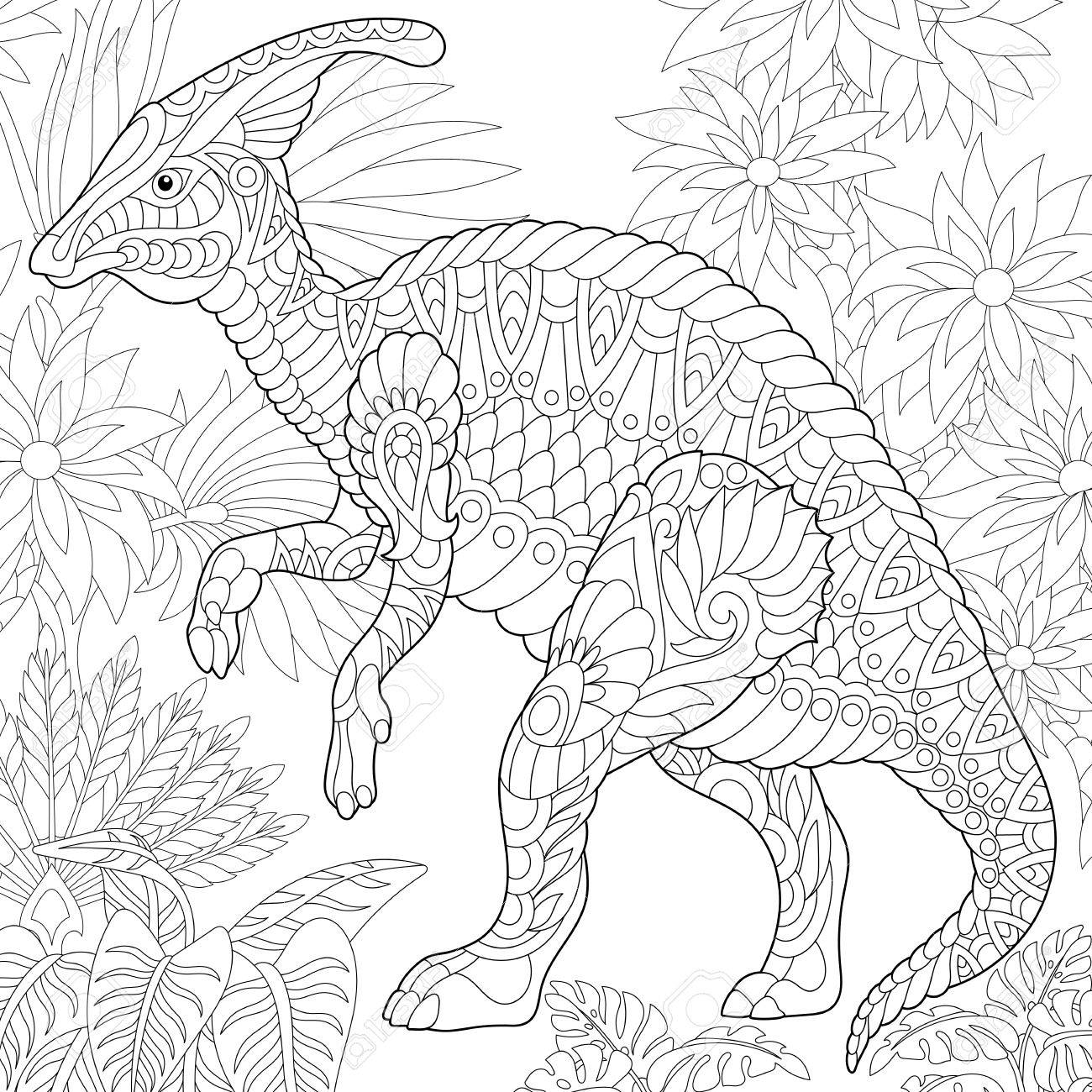 Stylized hadrosaur dinosaur of the middle to late cretaceous period freehand sketch for adult anti stress coloring book page with doodle and zentangle elements royalty free svg cliparts vectors and stock illustration