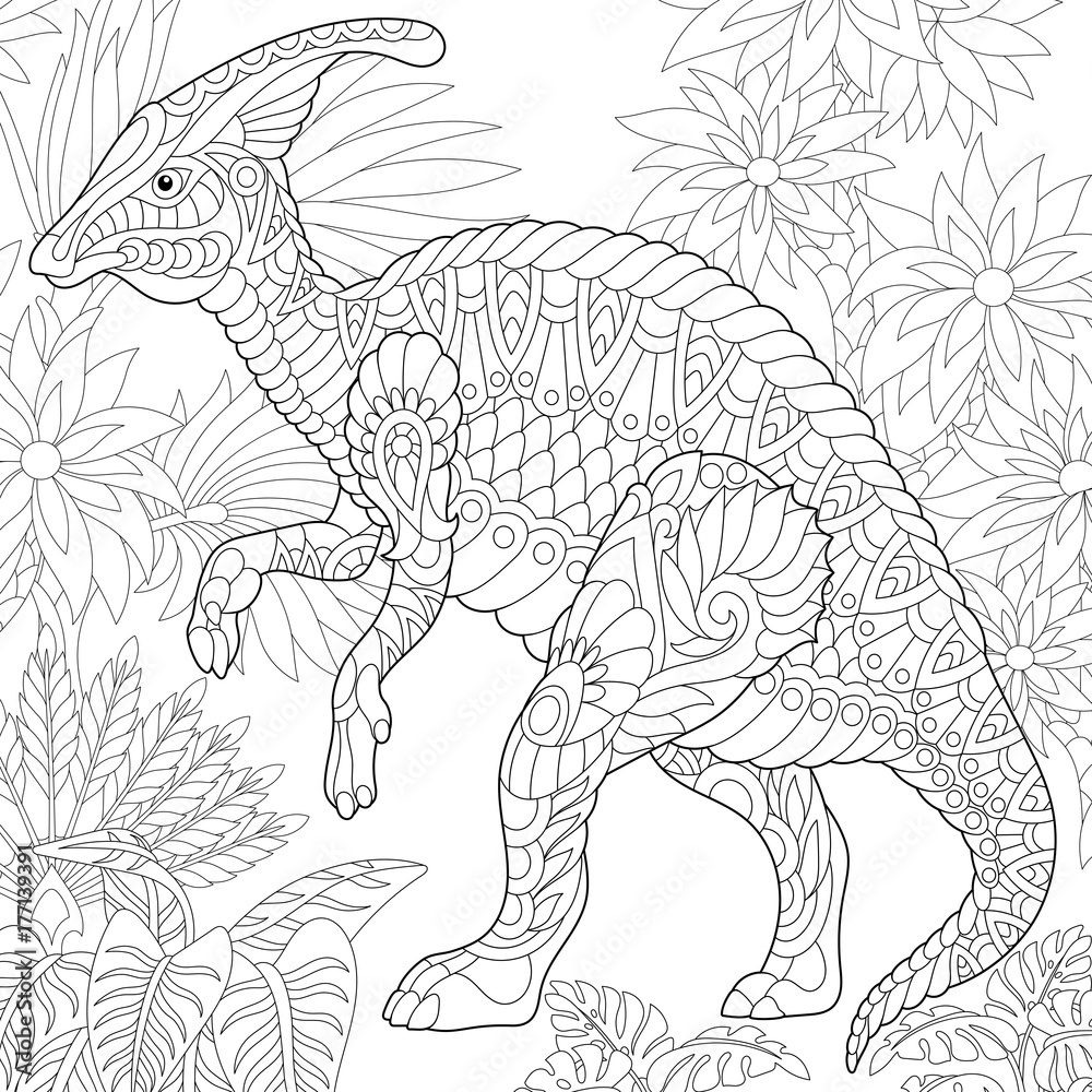 Coloring page of hadrosaur dinosaur of the middle to late cretaceous period freehand sketch drawing for adult antistress coloring book in zentangle style vector