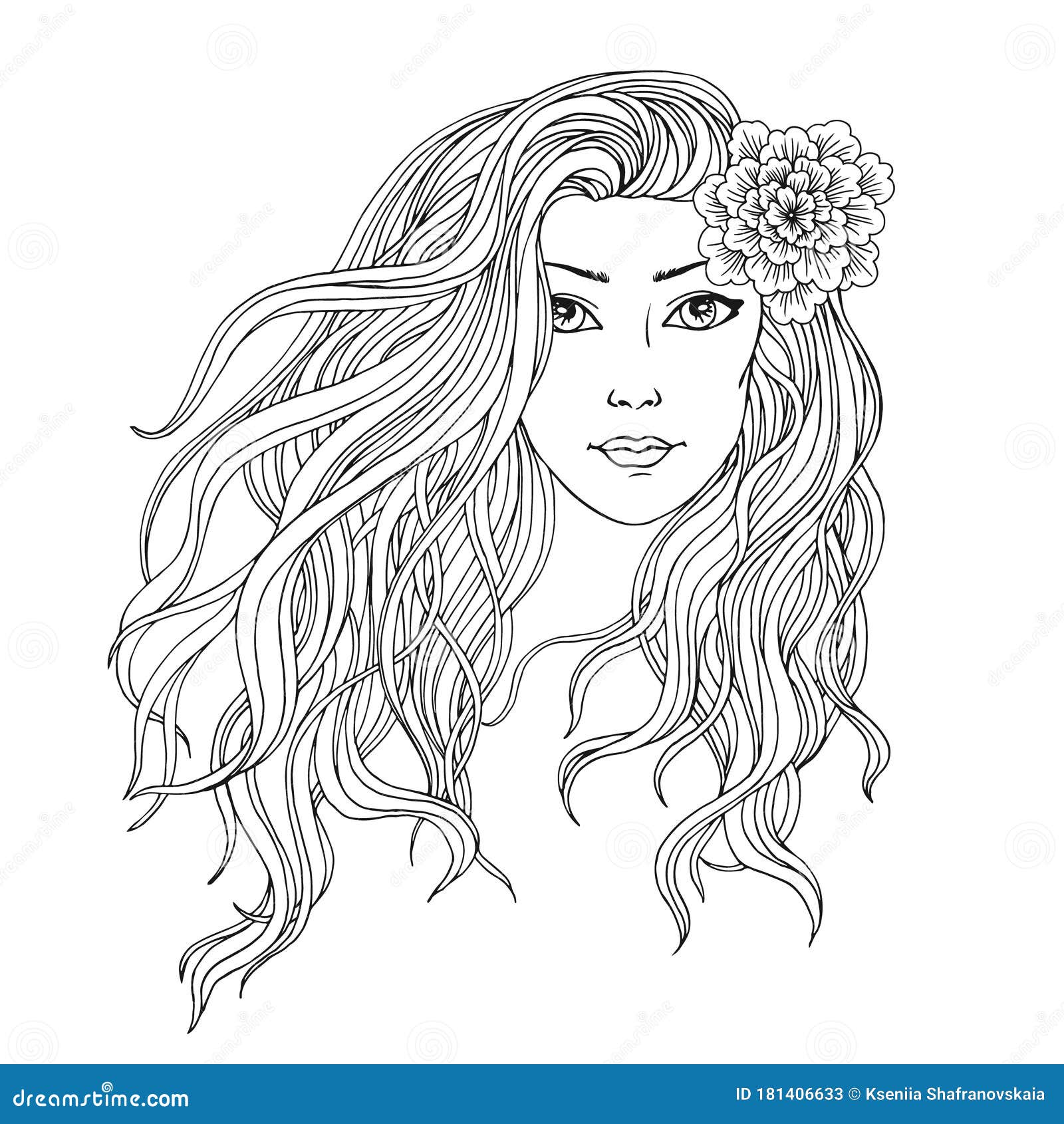 Young woman with streaming long hair hand drawn linen black and white vector illustration for beauty salon coloring book stock vector