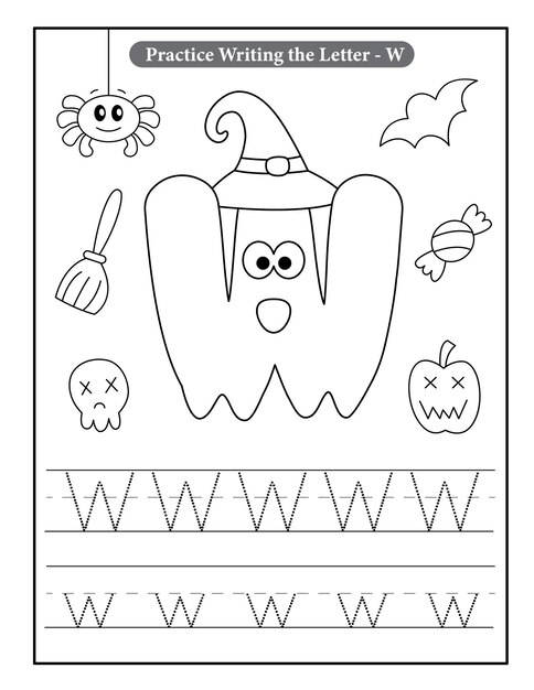 Premium vector halloween alphabet coloring pages with baby ghost