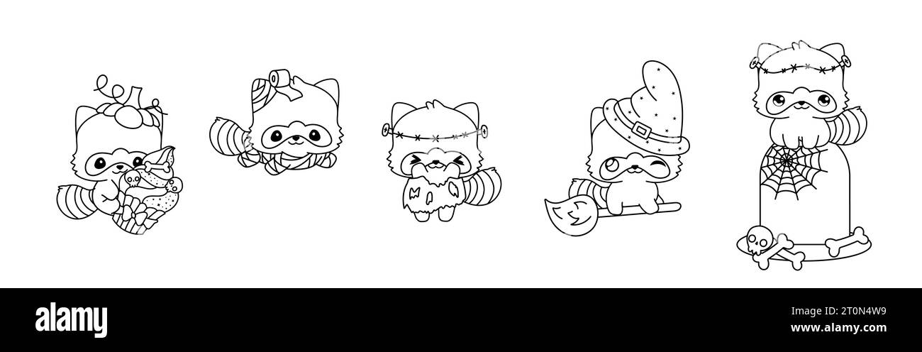 Set of vector halloween raccoon coloring page collection of kawaii halloween animals outline stock vector image art