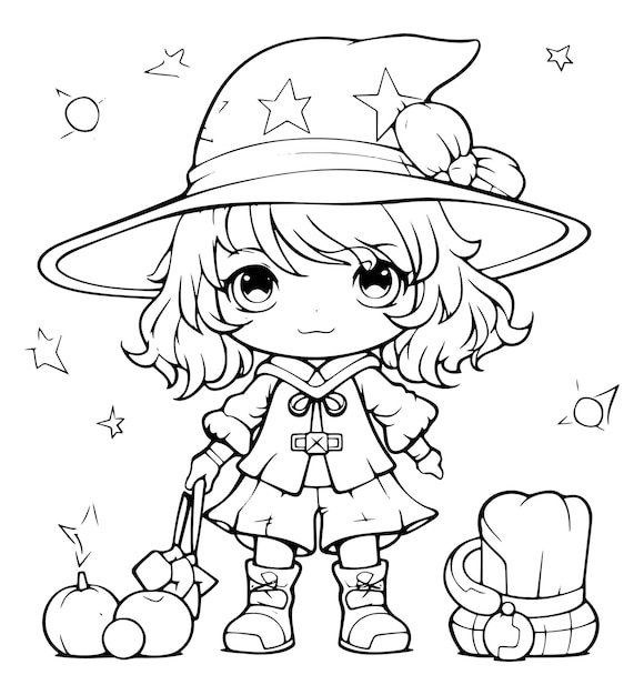 Premium vector coloring book illustration halloween kawaii