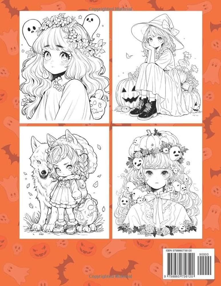 Halloween coloring book anime girls spooky coloring pages for kids and adults simple pictures with cute ghost pumpkin cat witche mummie vampire skeleton designs anime coloring books color the