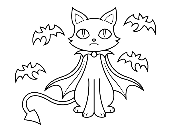 Printable halloween cat and bats coloring page