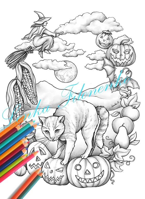 Halloween cat coloring page for adults grey scale pdf download and print instant download