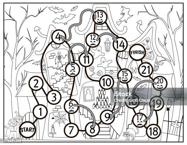 Halloween black and white board game for children with spooky castle and cute children educational boardgame with haunted house scary printable coloring page stock illustration