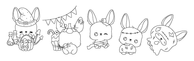 Premium vector set of vector halloween rabbit coloring page collection of kawaii isolated halloween bunny outline