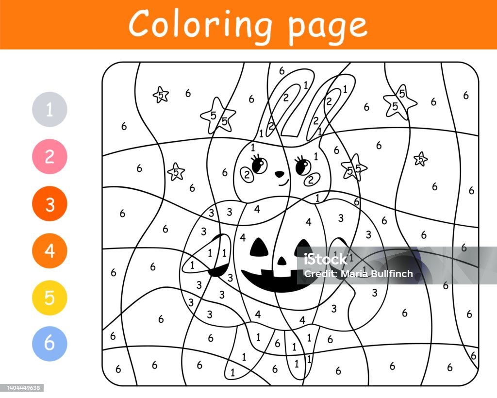 Color by number game for kids rabbit in costume pumpkin halloween bunnyprintable worksheet coloring page stock illustration