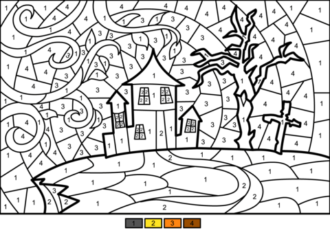 Halloween haunted house color by number free printable coloring pages