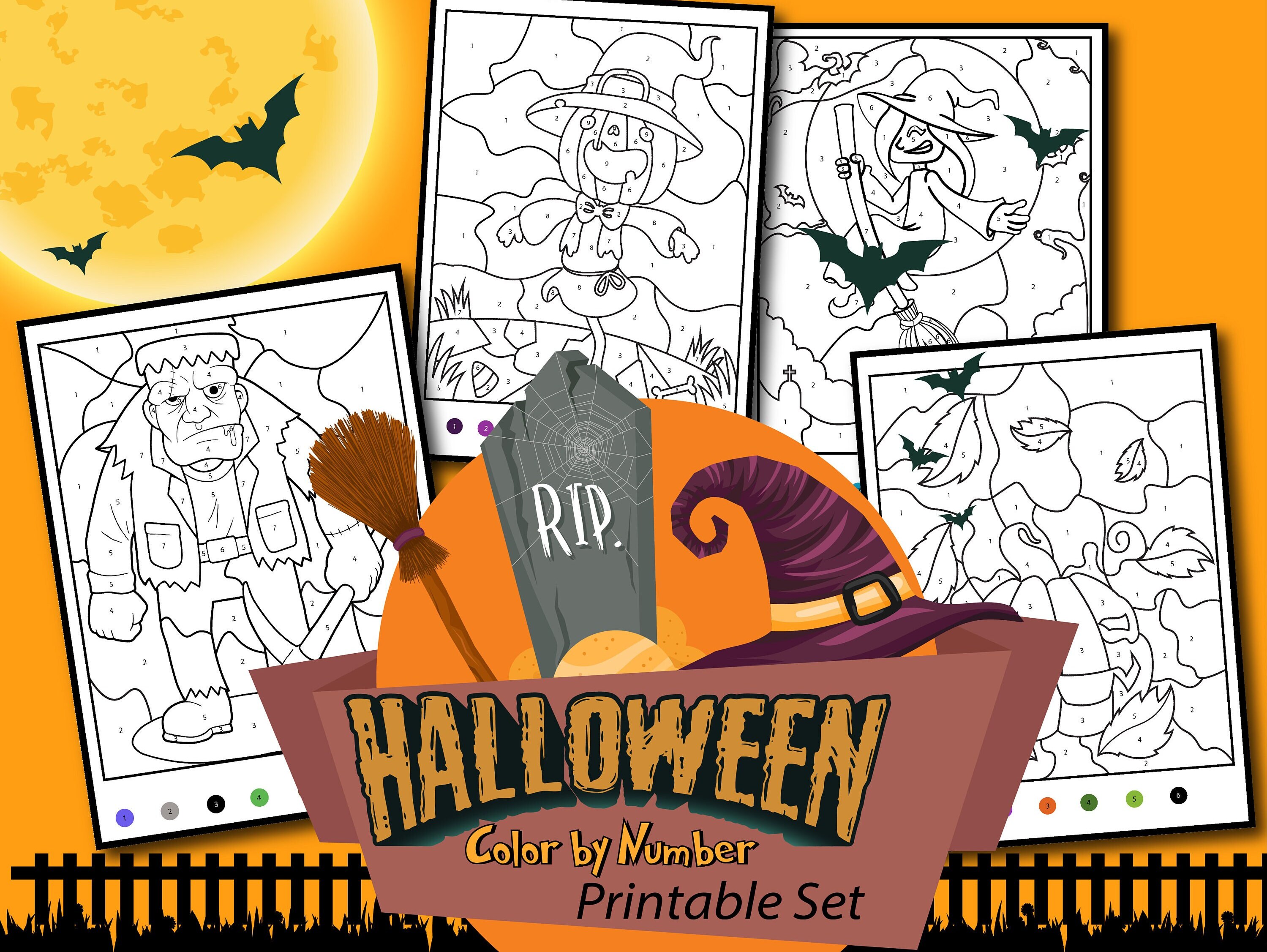 Halloween color by number printables coloring digital downloads pdf color activities for halloween