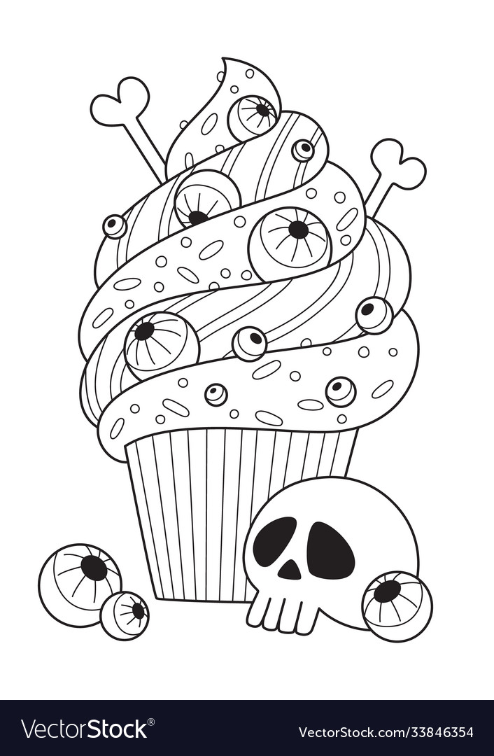 Halloween cake doodle coloring book page vector image