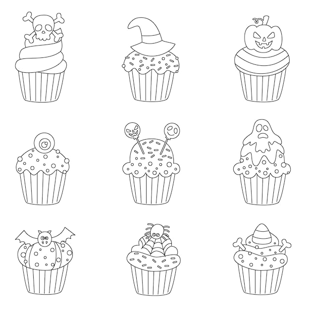 Premium vector set of black and white halloween cupcakes coloring page for children