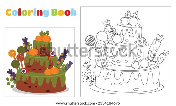 Coloring book children adults halloween cake stock vector royalty free