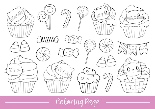 Premium vector draw coloring page cat cupcake in halloween