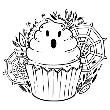 Halloween coloring book page scary cupcake with cream and webs bats cream on a cupcake in the form of a frightened cast with bats antistress for adults and children illustration