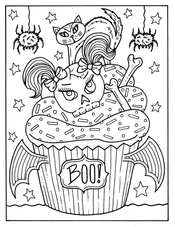 Pages halloween cupcakes to color instant download digital art digi stamp adult coloring color pages spooky witch coloring book download now