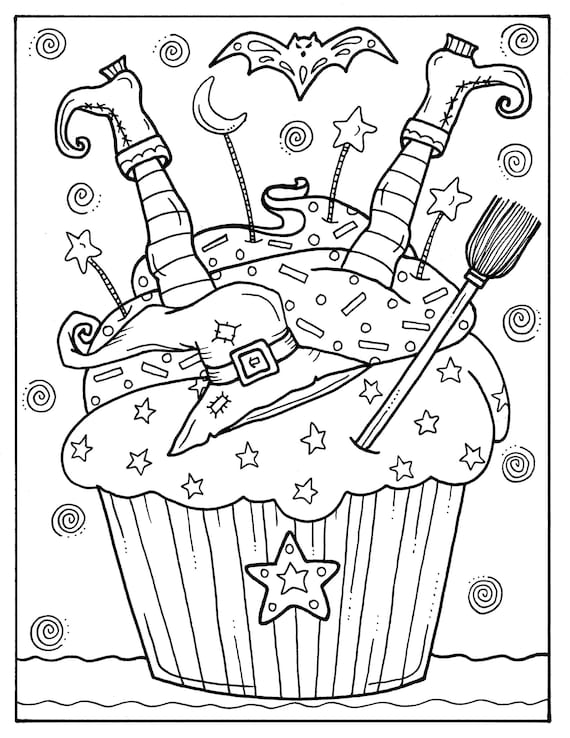 Pages halloween cupcakes to color instant download digital art digi stamp adult coloring color pages spooky witch coloring book