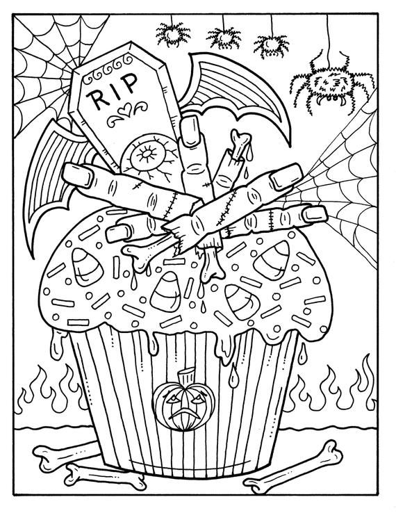 Pages halloween cupcakes to color instant download digital art digi stamp adult coloring color pages spooky witch coloring book download now