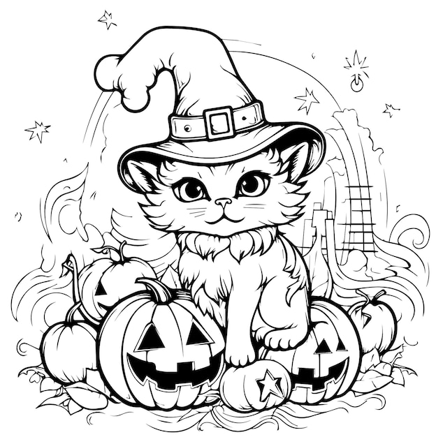 Premium vector halloween cat coloring page