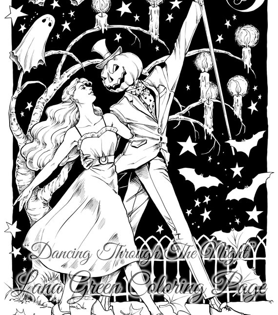 Dancing through the night halloween coloring page coloring page for adult instant download a size lana green art jpeg pdf