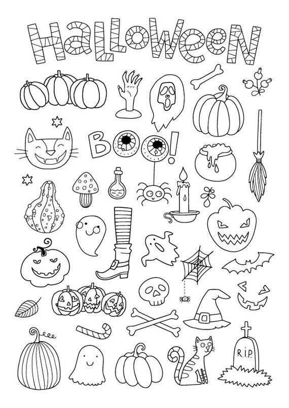 Adult coloring page halloween doodle art diy coloring poster printable pdf instant download