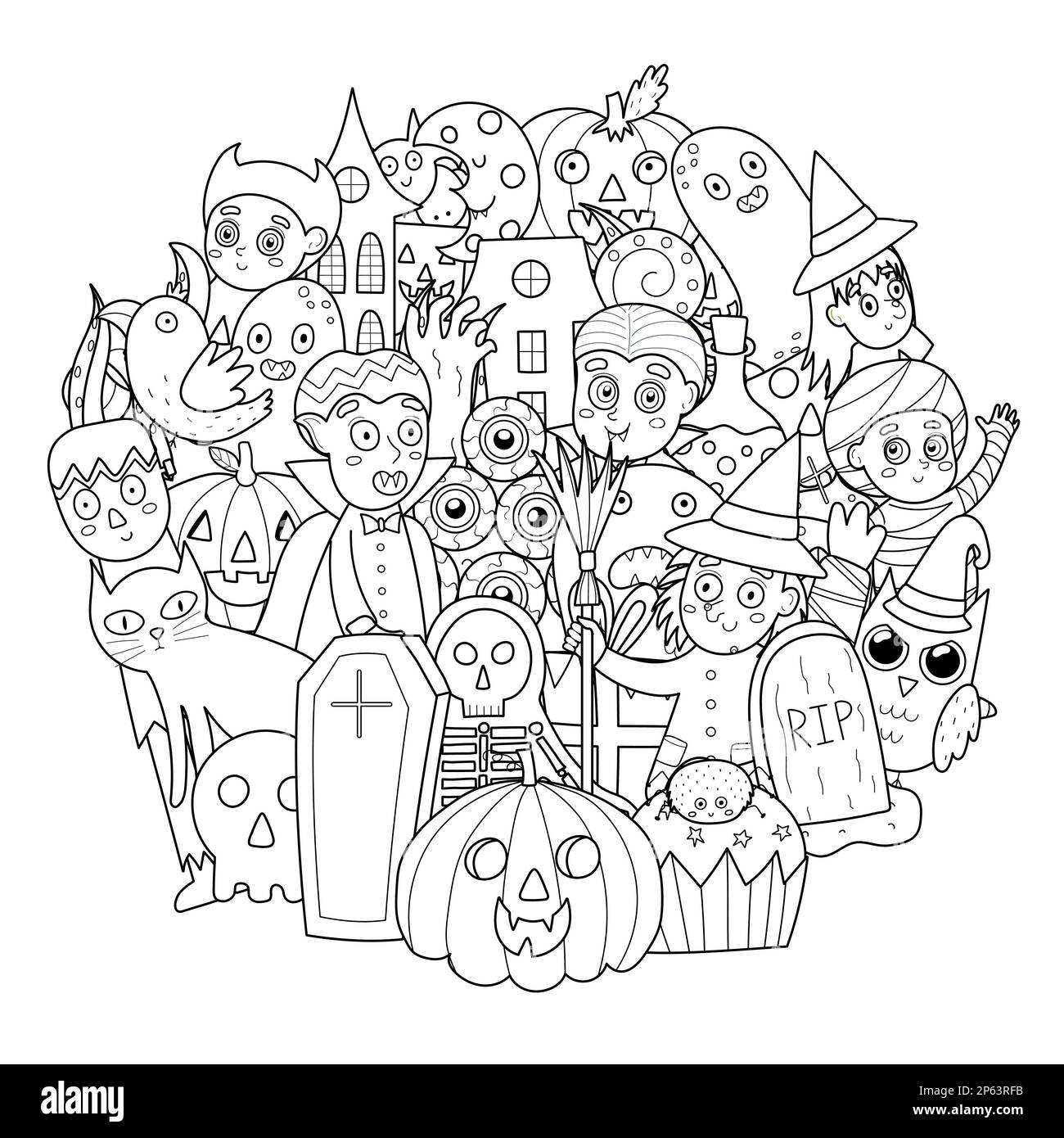 Doodle halloween characters coloring page spooky circle shape print halloween black and white mandala stock vector image art