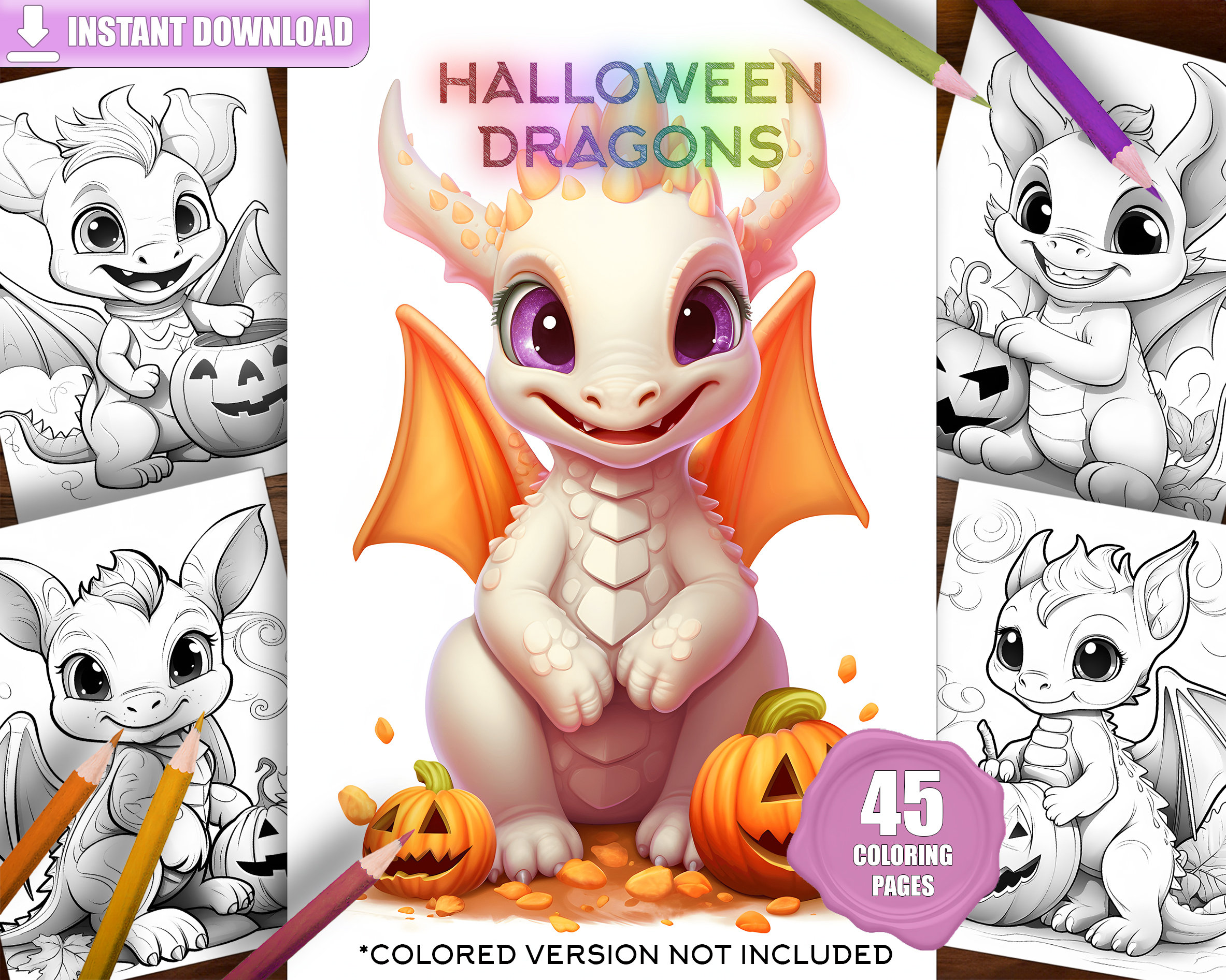 Baby halloween dragon fantasy coloring page book adults kids grayscale coloring pagedigital download printable pdf pumpkin candle instant download