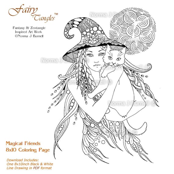 Magical friends x fairy tangles printable coloring page witch cat adult coloring book sheet by norma j burnell halloween witches cats