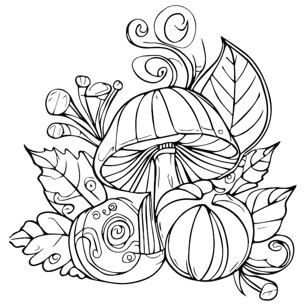 Premium vector fall coloring pages for adults halloween coloring pages with mushrooms isolated on white background