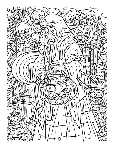 Premium vector halloween hooded traveler adults coloring page