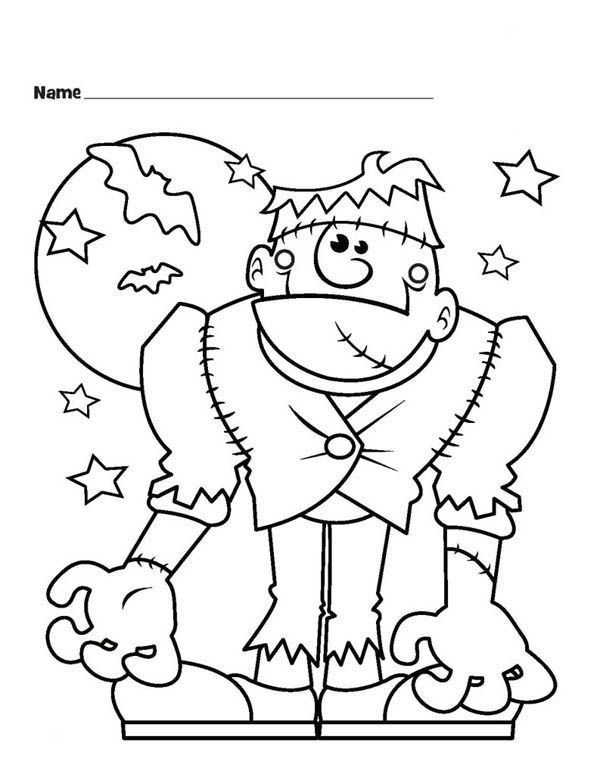 Halloween monster frankenstein and bats coloring page