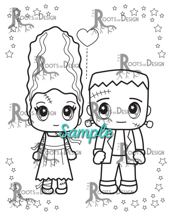 Instant download halloween frankenstein and bride coloring coloring page print doodle art printable