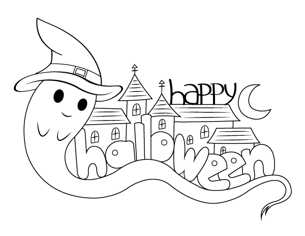 Printable ghost happy halloween coloring page