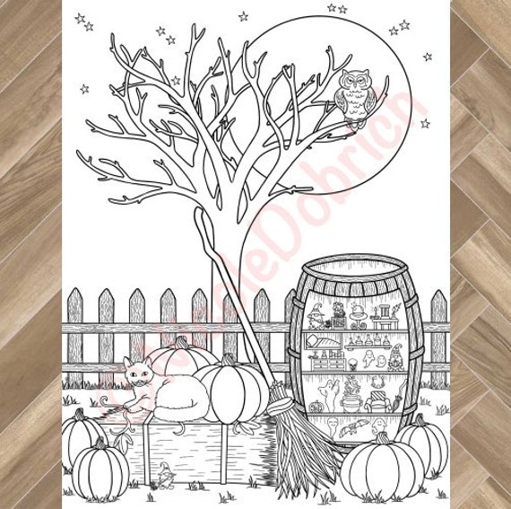 Halloween gnome black cat owl printable adult coloring page instant download adult coloring book instant print kids coloring page