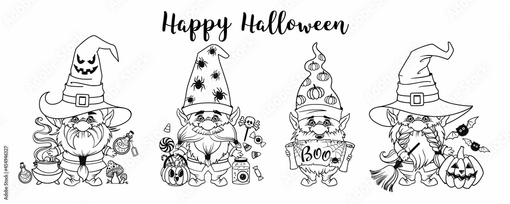 Vektorovã grafika âgnome for halloween linear art pumpkin potions spider web and spider trick or treat design for thanksgiving day cartoon spooky dwarf vector line art for printable greeting cards and coloring