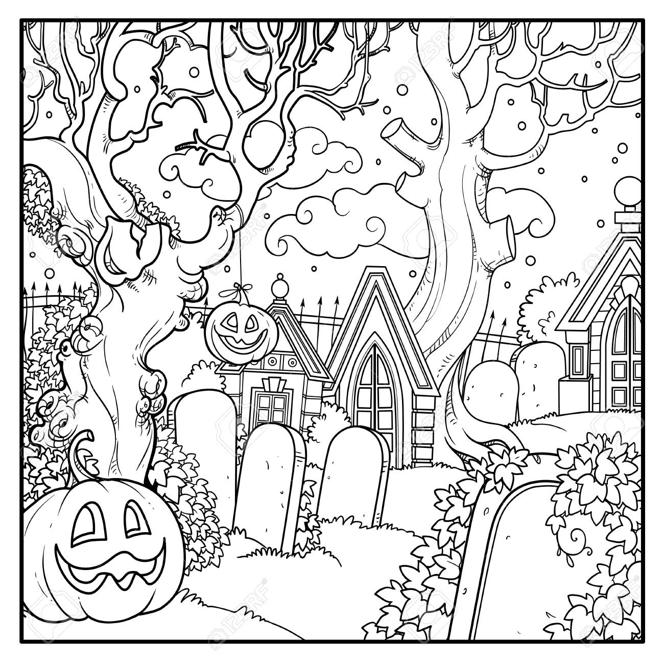 Halloween background cemetery and crypts with halloween pumpkins outlined for coloring page royalty free svg cliparts vectors and stock illustration image