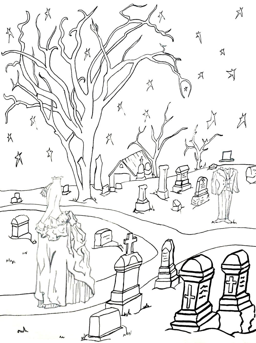 Ghostly graveyard coloring page