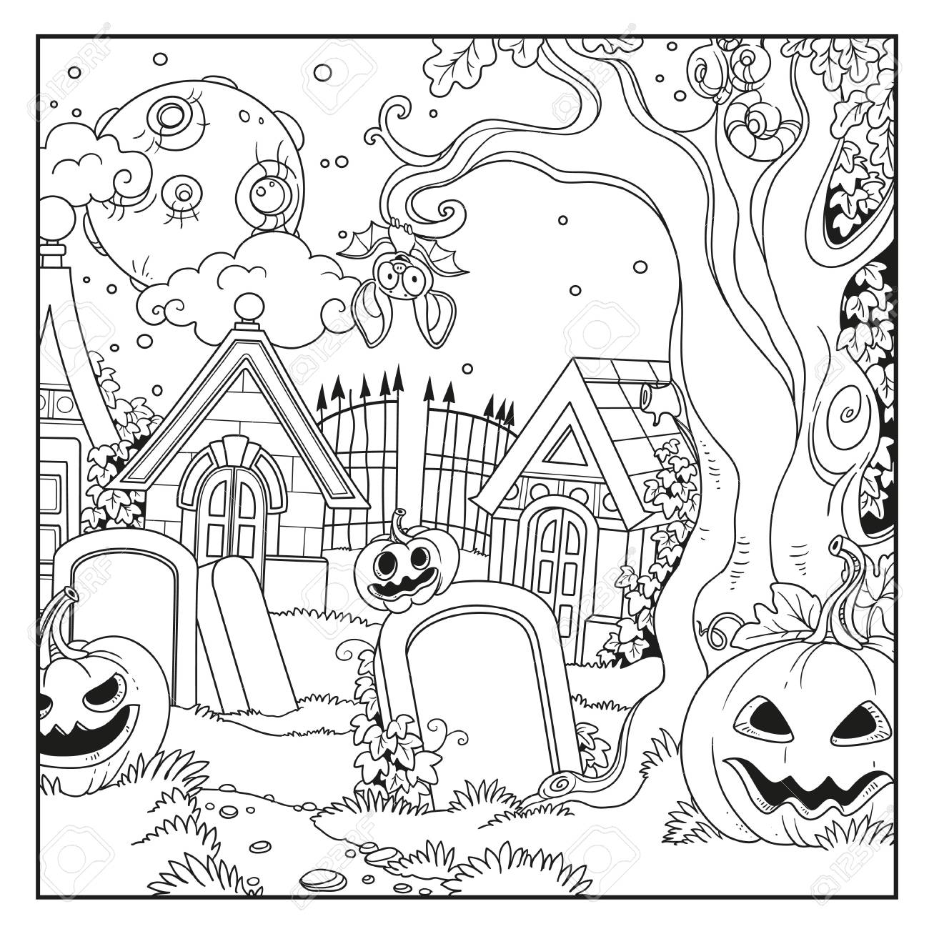 Halloween cemetery and crypts with pumpkins outlined for coloring page royalty free svg cliparts vectors and stock illustration image