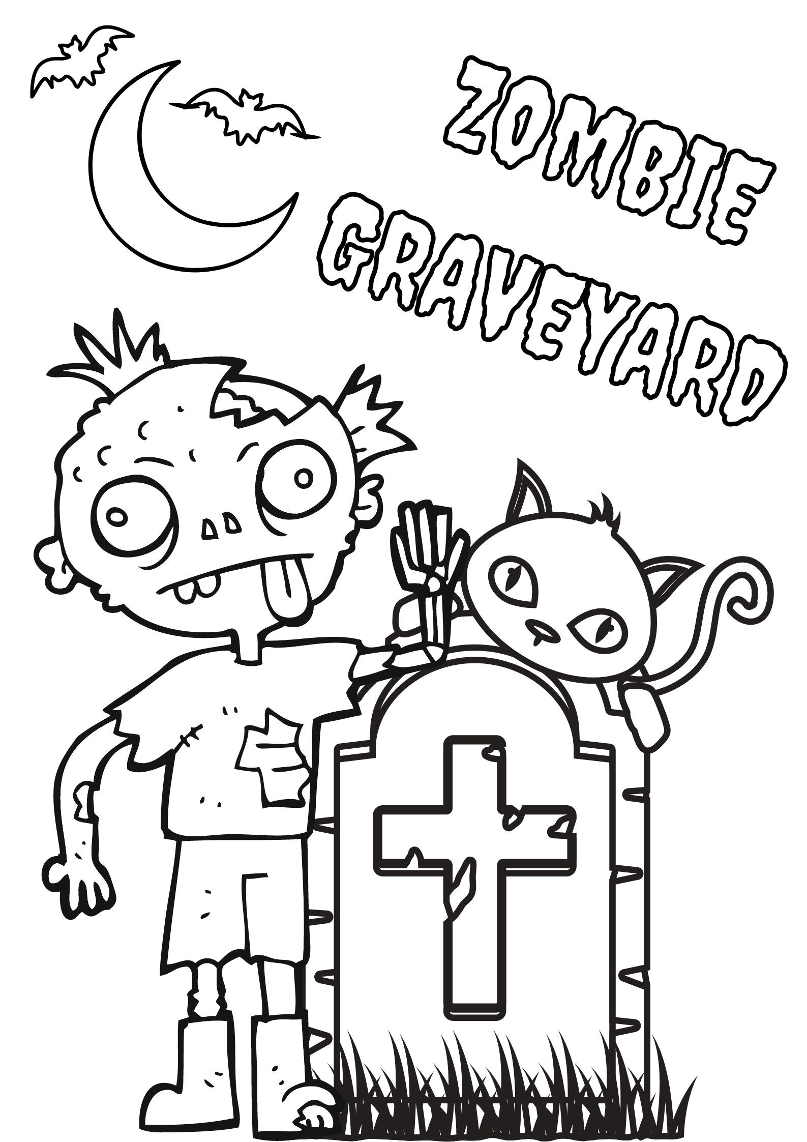 Halloween childrens coloring page zombie graveyard