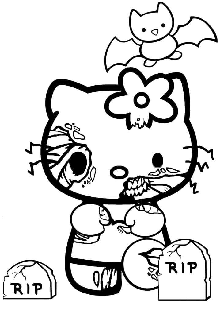 Hello kitty zombie on halloween coloring page