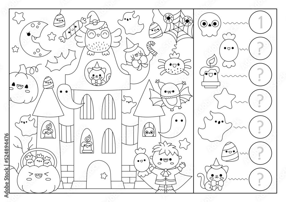 Vector black and white halloween searching game with haunted house and kawaii characters spot hidden objects say how many simple autumn holiday seek and find counting coloring page vector