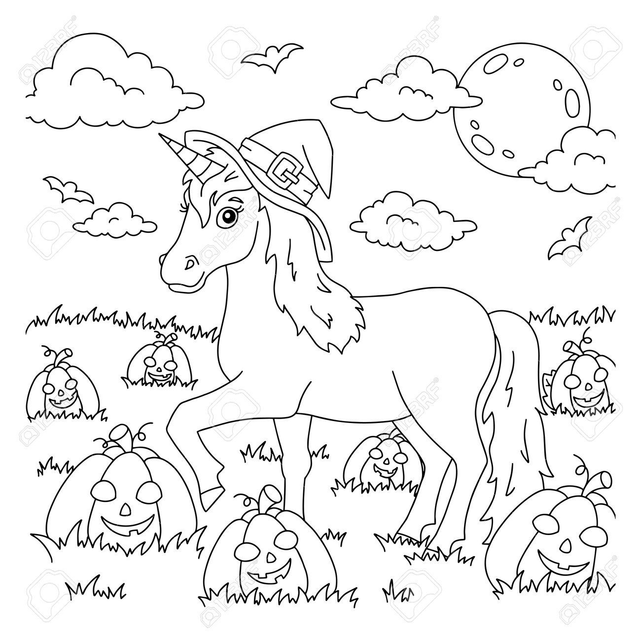 A unicorn in a hat walks across the pumpkin field magic fairy horse halloween theme coloring book page for kids cartoon style vector illustration isolated on white background royalty free svg cliparts