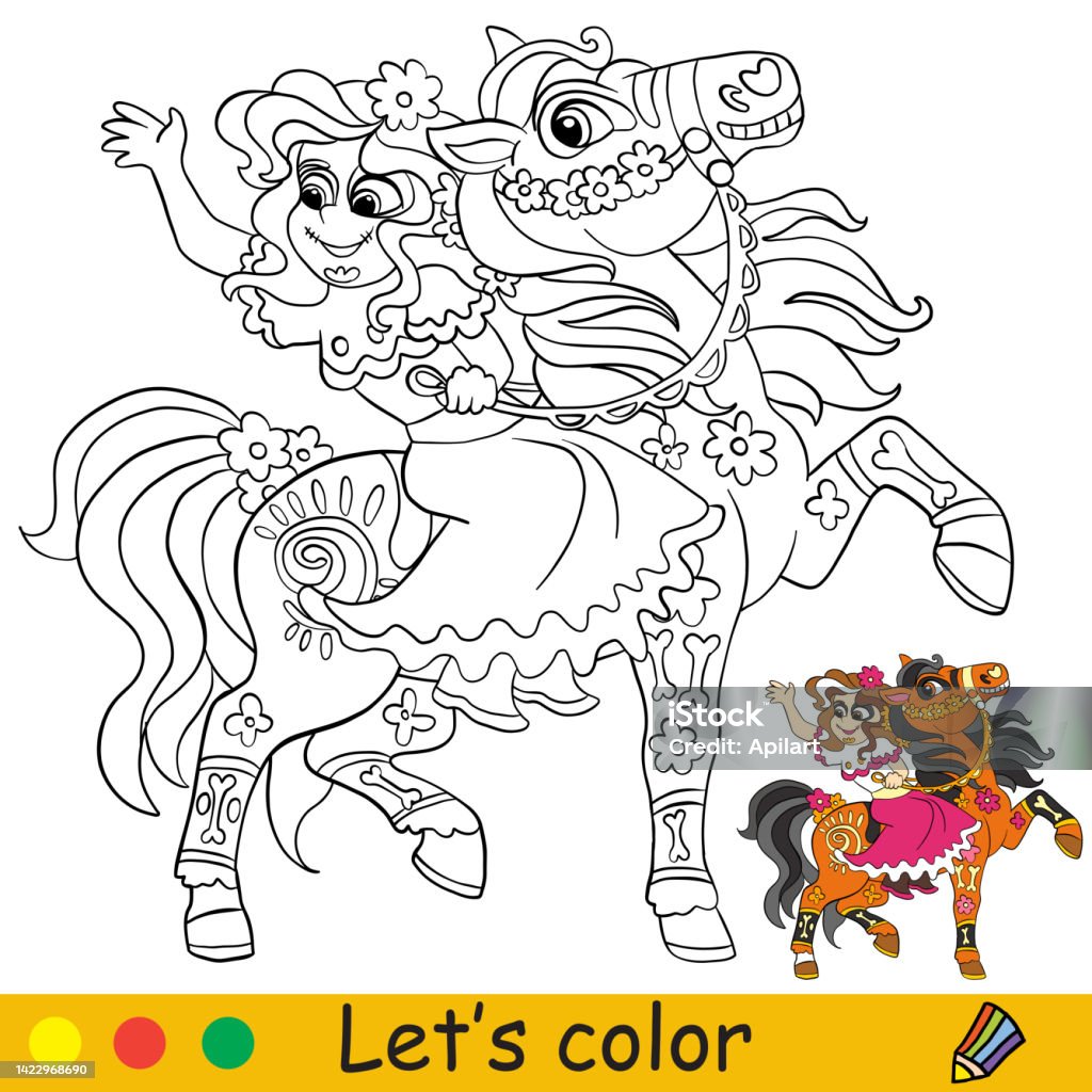 Halloween mexican girl on a horse skeleton coloring with template stock illustration