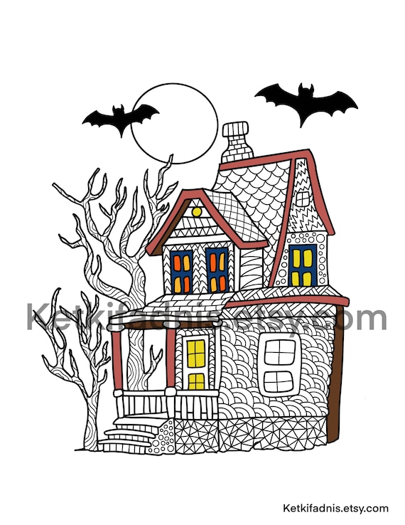 Haunted house colouring page halloween coloring page pdf digital download