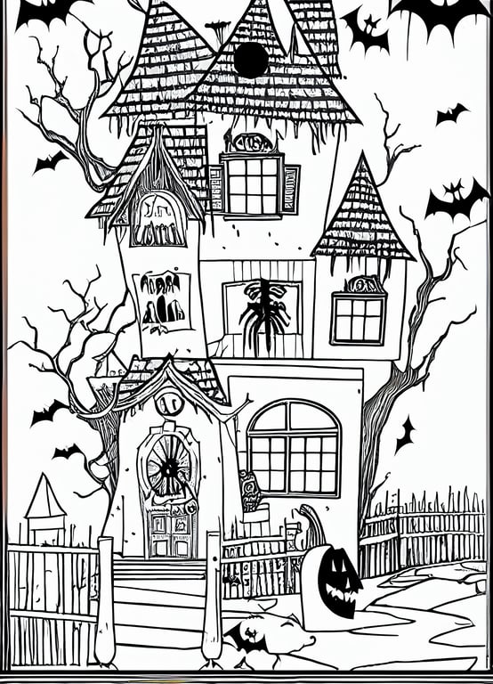 Coloring page of spooky halloween haunted house scene colored cute for kids