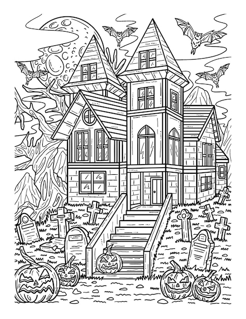 Premium vector halloween haunted house coloring page for adults