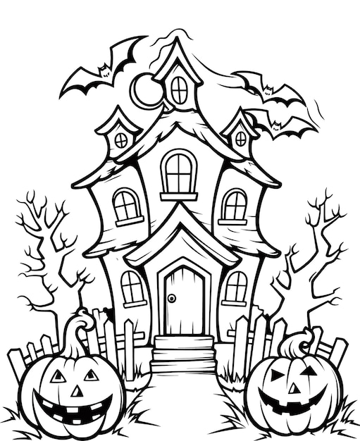 Premium vector coloring page of a happy halloween with a house and pumpkin
